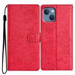 For iPhone 13 Butterflies and Flowers Leather Phone Case(Red)