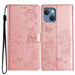 For iPhone 13 Butterfly Love Flower Embossed Leather Phone Case(Rose Gold)