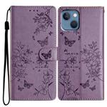 For iPhone 13 Butterfly Love Flower Embossed Leather Phone Case(Purple)