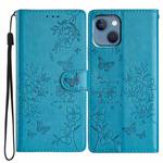For iPhone 13 mini Butterflies and Flowers Leather Phone Case(Blue)