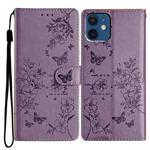 For iPhone 12 / 12 Pro Butterflies and Flowers Leather Phone Case(Purple)