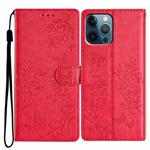For iPhone 12 Pro Max Butterflies and Flowers Leather Phone Case(Red)