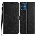 For iPhone 12 mini Butterfly Love Flower Embossed Leather Phone Case(Black)