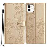 For iPhone 11 Butterflies and Flowers Leather Phone Case(Gold)