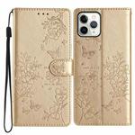 For iPhone 11 Pro Butterflies and Flowers Leather Phone Case(Gold)