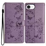 For iPhone 16e Butterflies and Flowers Leather Phone Case(Purple)