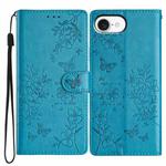 For iPhone 16e Butterflies and Flowers Leather Phone Case(Blue)
