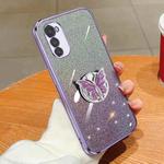 For Motorola Moto E32 Plated Gradient Glitter Butterfly Holder TPU Phone Case(Purple)