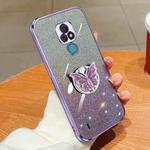 For Motorola Moto E7 Plated Gradient Glitter Butterfly Holder TPU Phone Case(Purple)