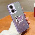 For Motorola Moto G85 Plated Gradient Glitter Butterfly Holder TPU Phone Case(Purple)