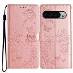 For Google Pixel 9 / 9 Pro Butterflies and Flowers Leather Phone Case(Rose Gold)