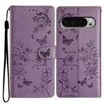 For Google Pixel 9 / 9 Pro Butterflies and Flowers Leather Phone Case(Purple)