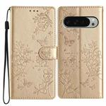 For Google Pixel 9 Pro XL Butterflies and Flowers Leather Phone Case(Gold)