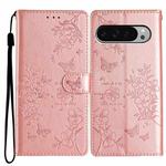 For Google Pixel 9 Pro XL Butterflies and Flowers Leather Phone Case(Rose Gold)