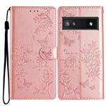 For Google Pixel 9a Butterflies and Flowers Leather Phone Case(Rose Gold)