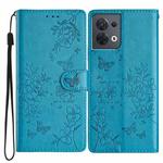 For OPPO Reno8 5G Global Butterfly Love Flower Embossed Leather Phone Case(Blue)