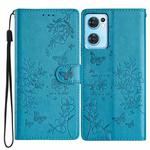 For OPPO Reno7 5G Butterfly Love Flower Embossed Leather Phone Case(Blue)