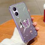 For vivo Y17s Plated Gradient Glitter Butterfly Holder TPU Phone Case(Purple)