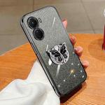 For vivo Y16 Plated Gradient Glitter Butterfly Holder TPU Phone Case(Black)