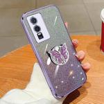 For vivo Y76s Plated Gradient Glitter Butterfly Holder TPU Phone Case(Purple)