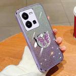 For vivo Y35 Global 2022 Plated Gradient Glitter Butterfly Holder TPU Phone Case(Purple)