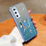 For vivo V20 SE Plated Gradient Glitter Butterfly Holder TPU Phone Case(Sierra Blue)