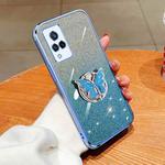 For vivo V21 4G / 5G Plated Gradient Glitter Butterfly Holder TPU Phone Case(Sierra Blue)