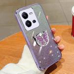 For vivo V25 5G Plated Gradient Glitter Butterfly Holder TPU Phone Case(Purple)