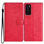 For Huawei P40 Butterfly Love Flower Embossed Leather Phone Case(Red)