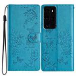 For Huawei P40 Pro Butterfly Love Flower Embossed Leather Phone Case(Blue)