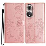 For Honor 50 5G Butterflies And Flowers Leather Phone Case(Rose Gold)