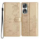 For Honor 90 Butterflies And Flowers Leather Phone Case(Gold)