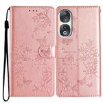 For Honor 90 Butterflies And Flowers Leather Phone Case(Rose Gold)