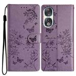 For Honor 90 Butterflies And Flowers Leather Phone Case(Purple)