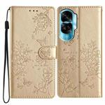 For Honor 90 Lite Butterflies And Flowers Leather Phone Case(Gold)