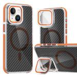 For iPhone 14 Plus Magsafe Dual-Color Carbon Fiber Lens Film Phone Case with Lens Fold Holder(Orange)