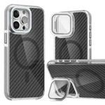 For iPhone 14 Pro Max Magsafe Dual-Color Carbon Fiber Lens Film Phone Case with Lens Fold Holder(Gray)