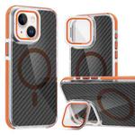 For iPhone 13 / 14 Magsafe Dual-Color Carbon Fiber Lens Film Phone Case with Lens Fold Holder(Orange)