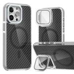 For iPhone 12 Pro Max Magsafe Dual-Color Carbon Fiber Lens Film Phone Case with Lens Fold Holder(Gray)