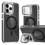 For iPhone 11 Pro Max Magsafe Dual-Color Carbon Fiber Lens Film Phone Case with Lens Fold Holder(Black)