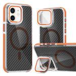 For iPhone 11 Magsafe Dual-Color Carbon Fiber Lens Film Phone Case with Lens Fold Holder(Orange)