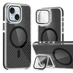 For iPhone 15 Magsafe Dual-Color Carbon Fiber Lens Film Phone Case with Lens Fold Holder(Black)