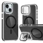 For iPhone 15 Plus Magsafe Dual-Color Carbon Fiber Lens Film Phone Case with Lens Fold Holder(Black)