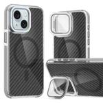 For iPhone 15 Plus Magsafe Dual-Color Carbon Fiber Lens Film Phone Case with Lens Fold Holder(Gray)