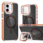 For iPhone 16 Magsafe Dual-Color Carbon Fiber Lens Film Phone Case with Lens Fold Holder(Orange)