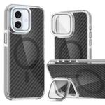 For iPhone 16 Magsafe Dual-Color Carbon Fiber Lens Film Phone Case with Lens Fold Holder(Gray)