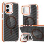 For iPhone 16 Plus Magsafe Dual-Color Carbon Fiber Lens Film Phone Case with Lens Fold Holder(Orange)