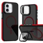 For iPhone 16 Plus Magsafe Dual-Color Skin Feel Lens Film Phone Case with Lens Fold Holder(Red)