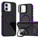 For iPhone 16 Magsafe Dual-Color Skin Feel Lens Film Phone Case with Lens Fold Holder(Purple)