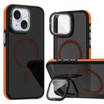 For iPhone 15 Plus Magsafe Dual-Color Skin Feel Lens Film Phone Case with Lens Fold Holder(Orange)